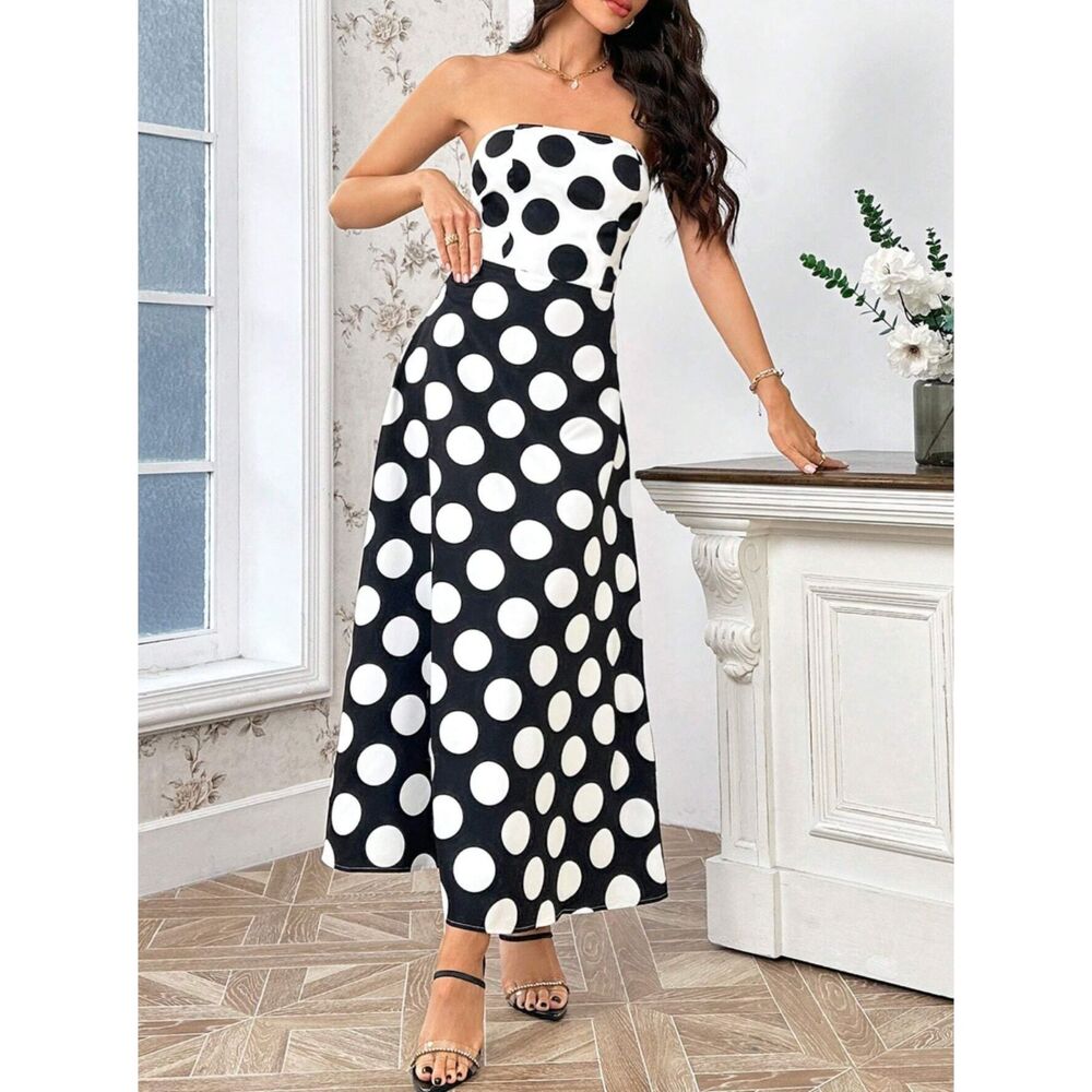 Shein Privé Elegant Strapless Backless Print Dress Polka Dot White NWT Medium